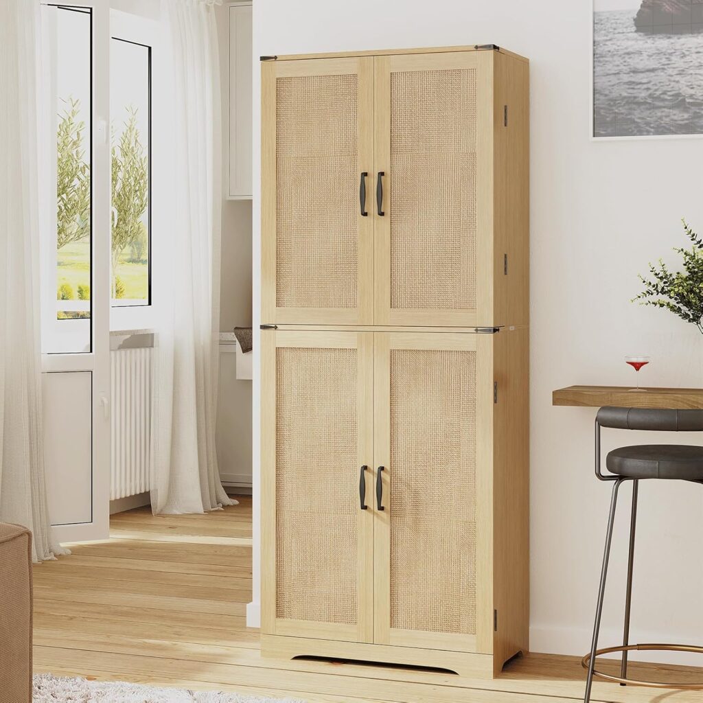 Redlife 72" Tall Kitchen Pantry with Rattan Doors, Farmhouse Rattan Pantry Storage Cabinet with Organizer, Rustic Wood Cupboard for Kitchen, Dining Room (Natural)