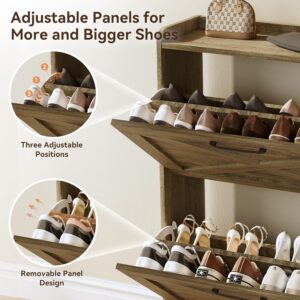 shoe cabinet with two flip drawers freestanding shoe rack with metal legs, narrow storage cabinet, farmhouse-style slender shoe cabinet, entrance passageway, gray wood grain.